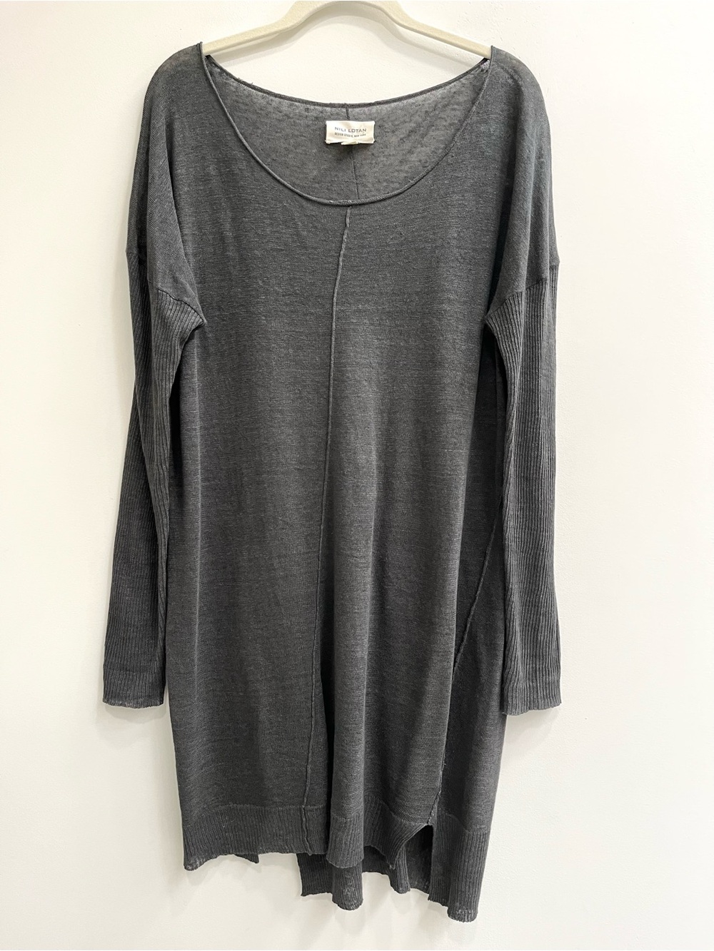 Nili Lotan charcoal gray long sleeve linen dress drop shoulders Lagenlook medium